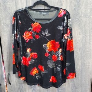 3/4 Sleeve Red Rose Black Stretch Velour Size M